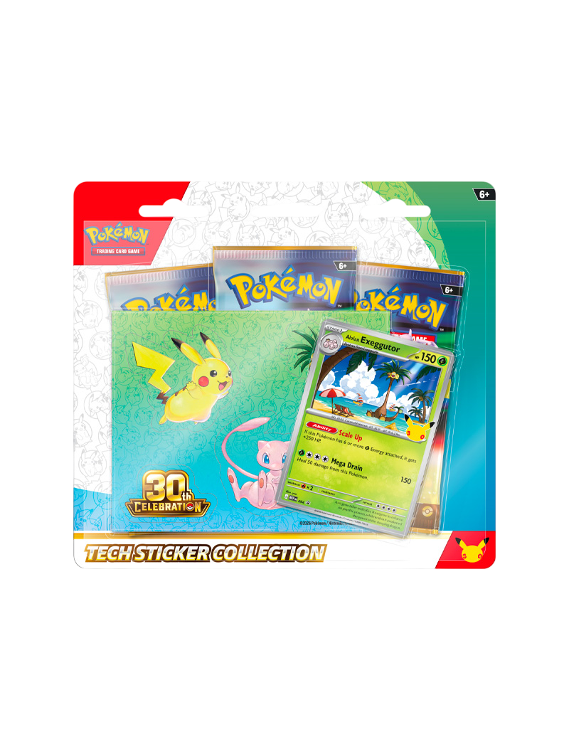 Pokémon TCG 30th Celebration Tech Sticker Collection Alolan Exeggutor carta promo foil pegatinas Pikachu Mew 3 sobres español septiembre 2026