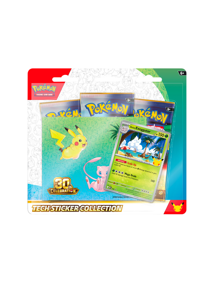 Pokémon TCG 30th Celebration Tech Sticker Collection Alolan Exeggutor carta promo foil pegatinas Pikachu Mew 3 sobres español septiembre 2026