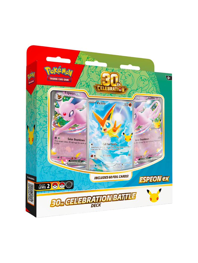 Pokémon TCG 30th Celebration Battle Deck Espeon ex 60 cartas foil promo Victini Illustration Rare tapete deck box español octubre 2026