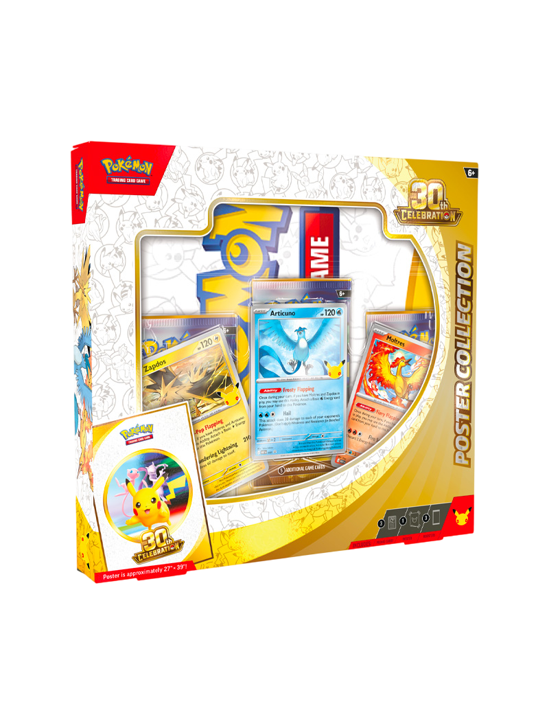 Pokémon TCG 30th Celebration Poster Collection Articuno Zapdos Moltres 3 promos foil póster doble cara 3 sobres español septiembre 2026