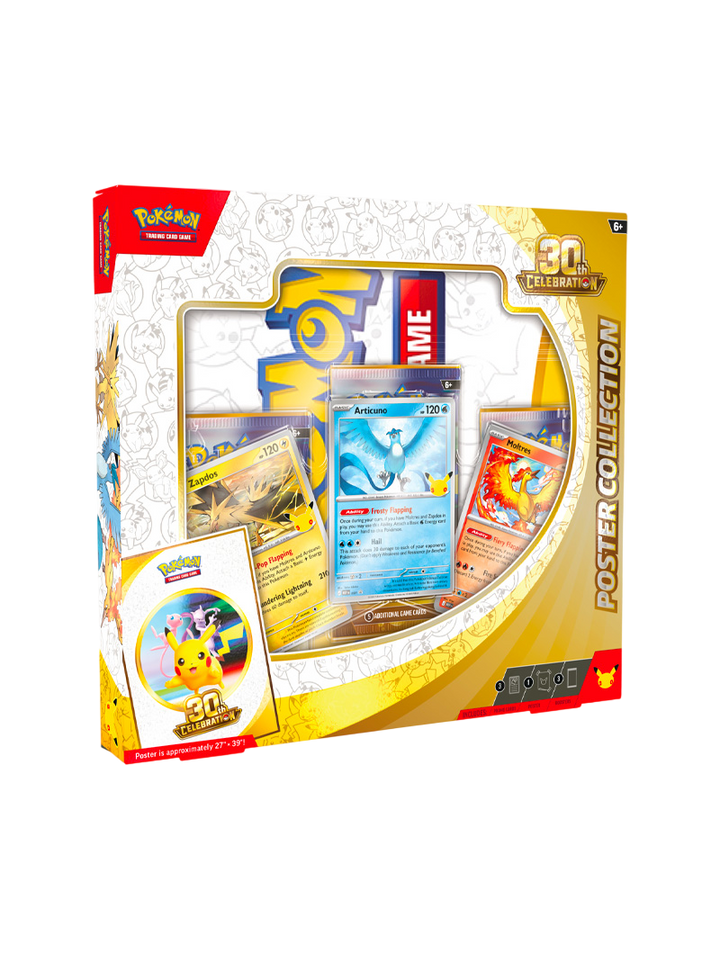 Pokémon TCG 30th Celebration Poster Collection Articuno Zapdos Moltres 3 promos foil póster doble cara 3 sobres español septiembre 2026
