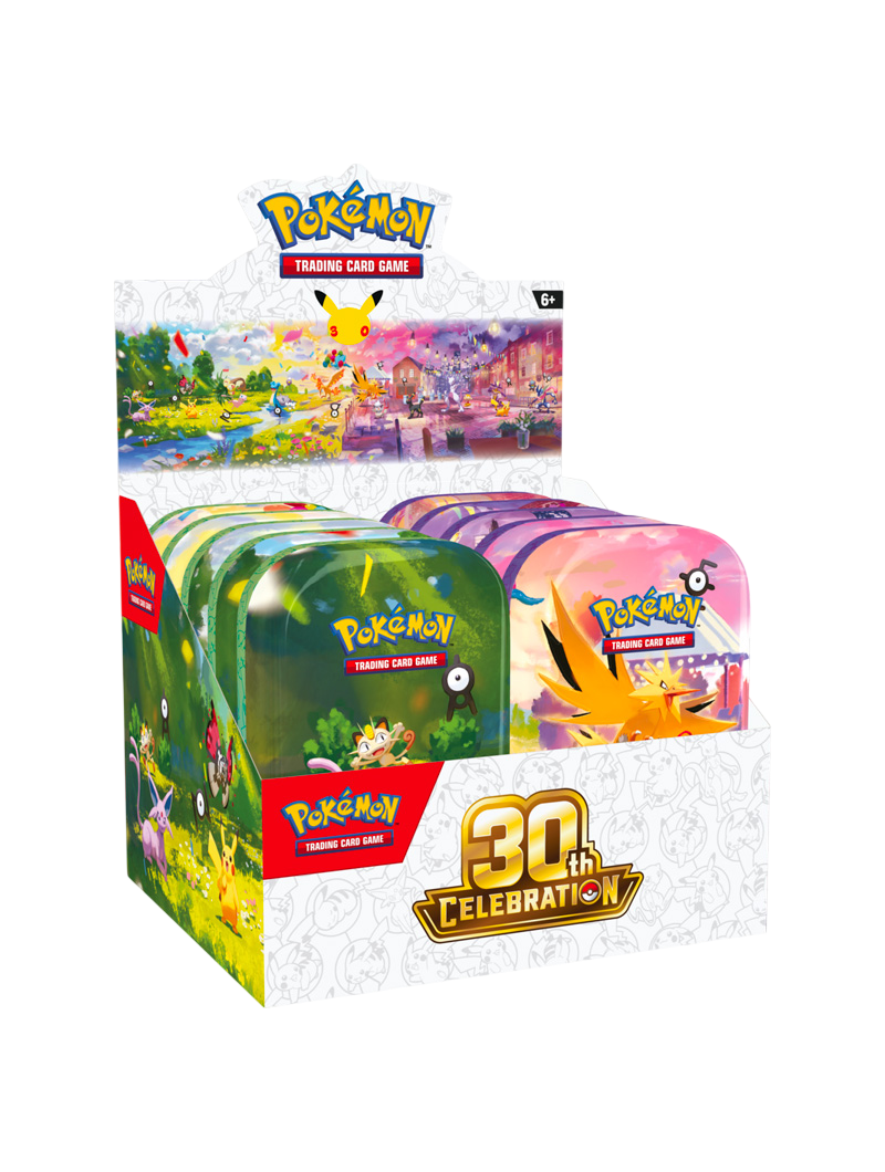 Pokémon TCG 30th Celebration Mini Tin 10 diseños Día y Noche 2 sobres foil carta de arte pegatinas español octubre 2026