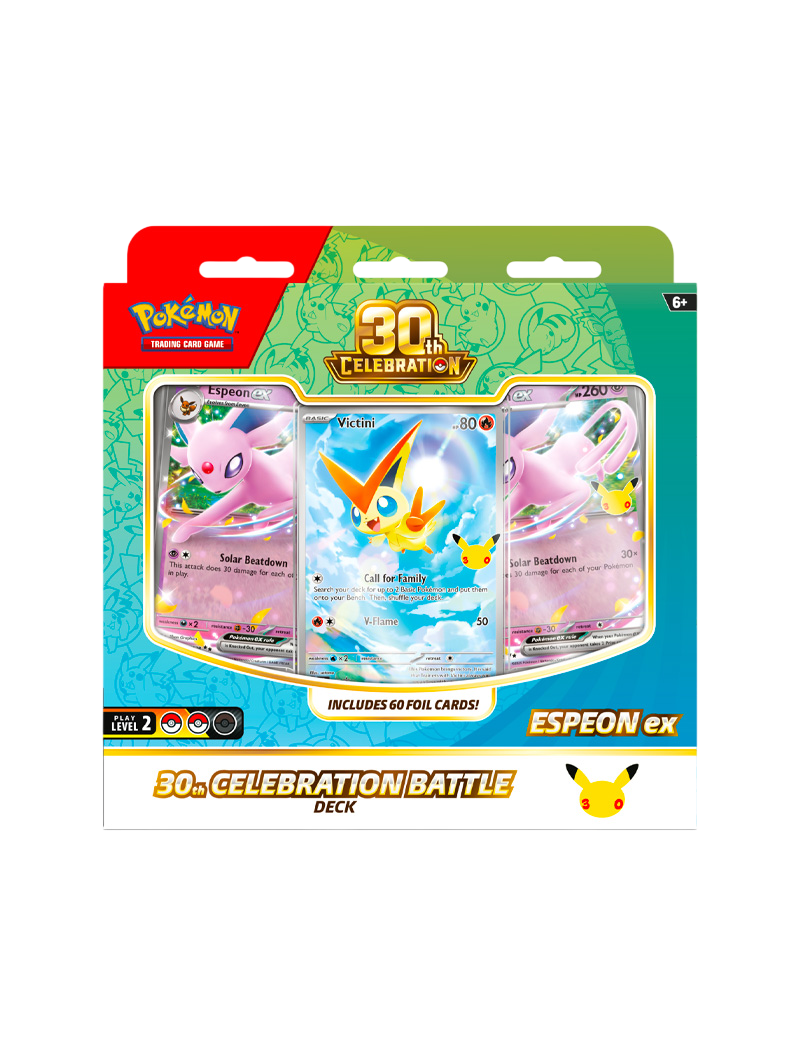 Pokémon TCG 30th Celebration Battle Deck Espeon ex 60 cartas foil promo Victini Illustration Rare tapete deck box español octubre 2026