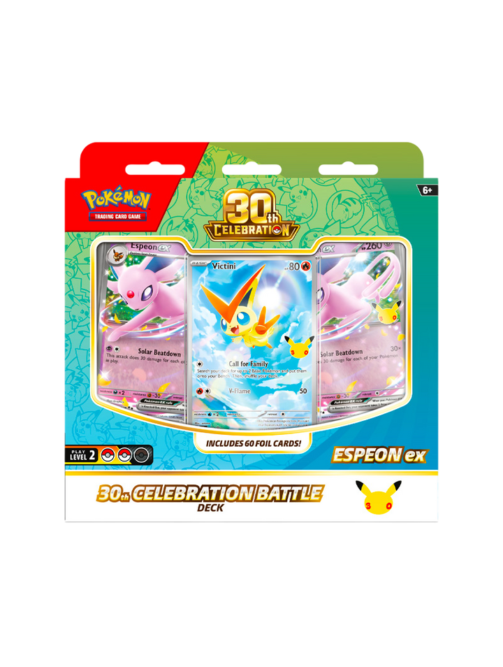 Pokémon TCG 30th Celebration Battle Deck Espeon ex 60 cartas foil promo Victini Illustration Rare tapete deck box español octubre 2026