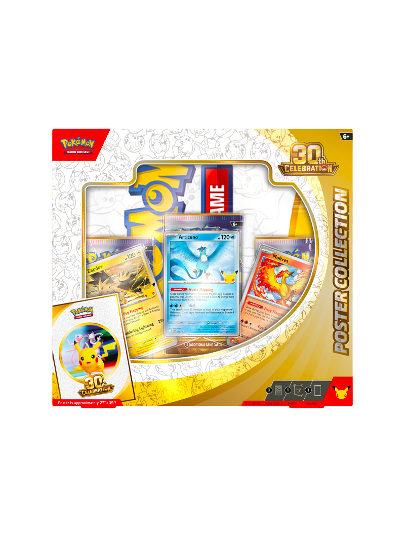 Pokémon TCG 30th Celebration Poster Collection Articuno Zapdos Moltres 3 promos foil póster doble cara 3 sobres español septiembre 2026