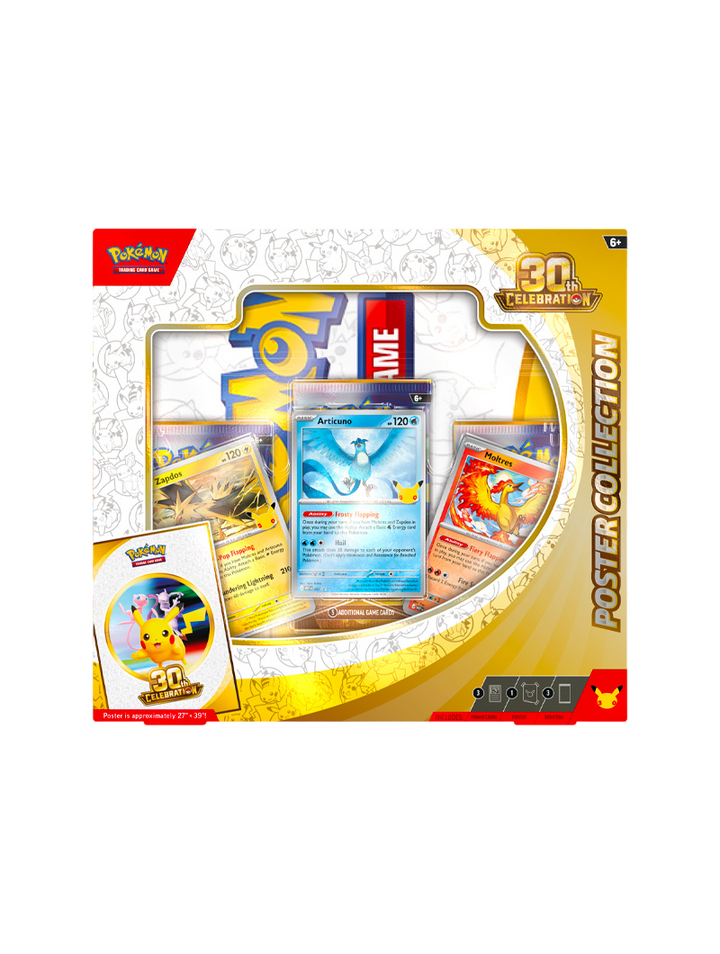 Pokémon TCG 30th Celebration Poster Collection Articuno Zapdos Moltres 3 promos foil póster doble cara 3 sobres español septiembre 2026