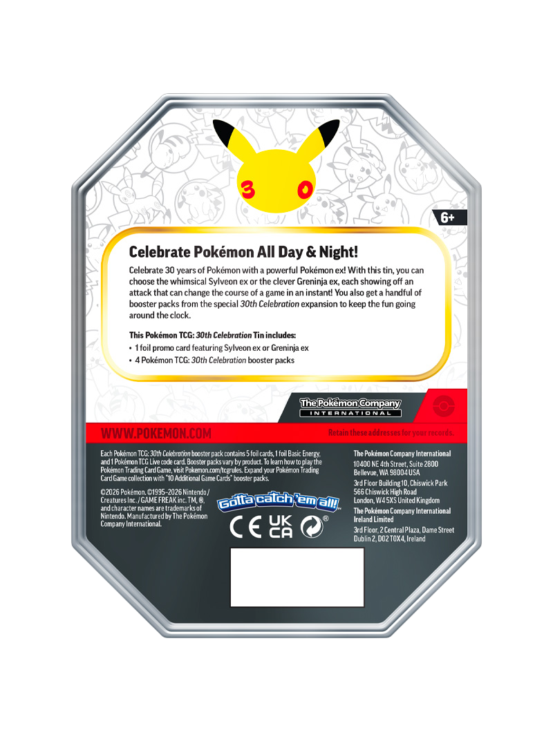Pokémon TCG 30th Celebration ex Tin Greninja ex lata coleccionable promo foil 4 sobres español diciembre 2026