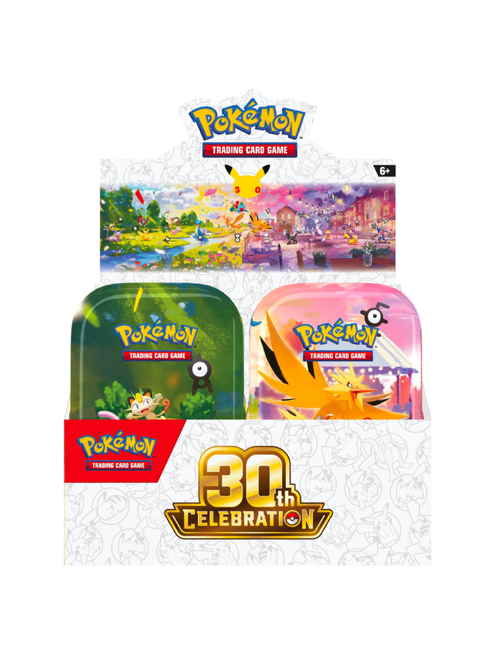 Pokémon TCG 30th Celebration Mini Tin 10 diseños Día y Noche 2 sobres foil carta de arte pegatinas español octubre 2026