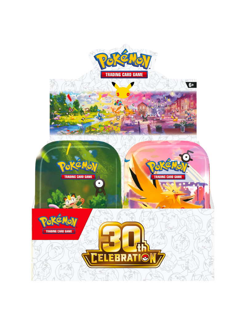 Pokémon TCG 30th Celebration Mini Tin 10 diseños Día y Noche 2 sobres foil carta de arte pegatinas español octubre 2026