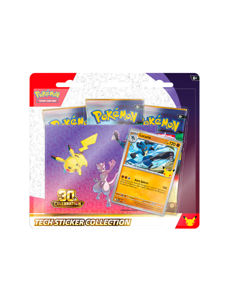Pokémon TCG 30th Celebration Tech Sticker Collection Lucario carta promo foil pegatinas Pikachu Mewtwo 3 sobres español septiembre 2026