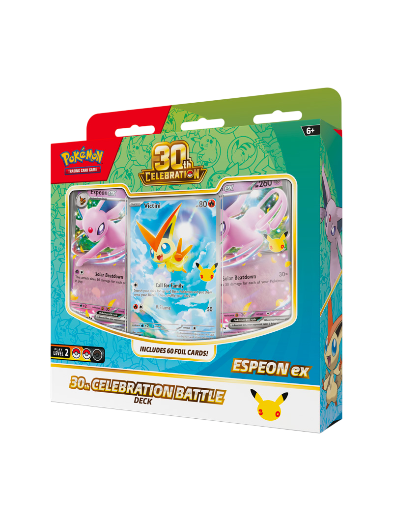 Pokémon TCG 30th Celebration Battle Deck Espeon ex 60 cartas foil promo Victini Illustration Rare tapete deck box español octubre 2026