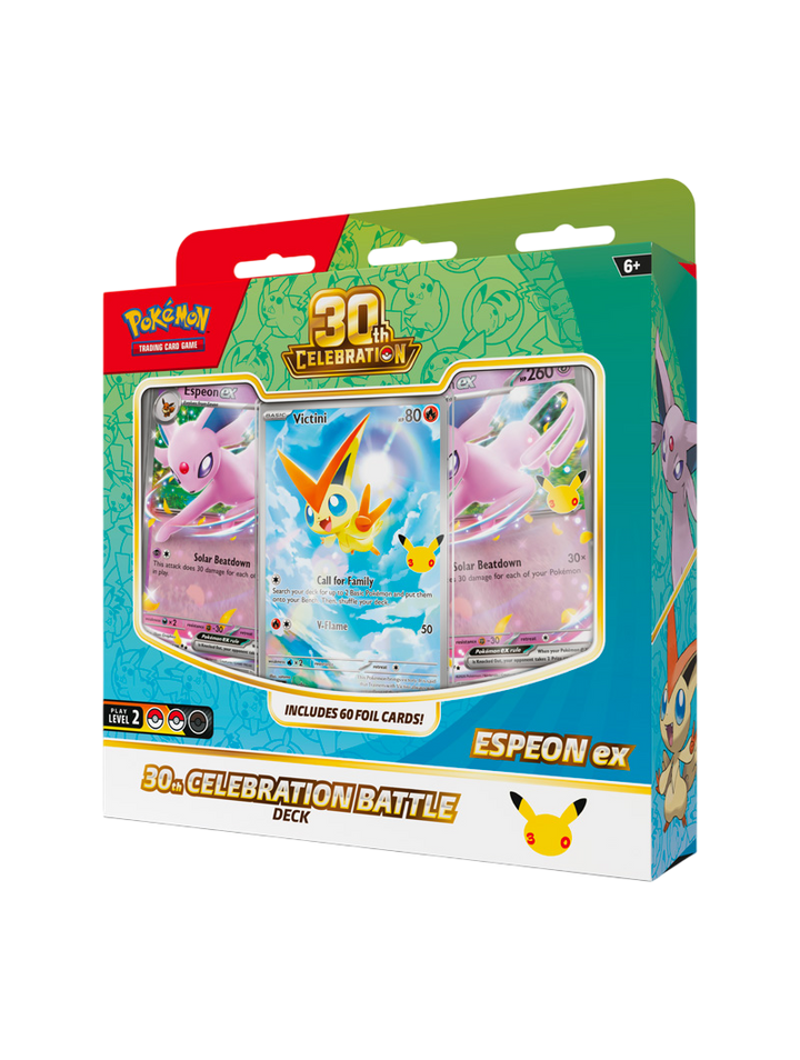 Pokémon TCG 30th Celebration Battle Deck Espeon ex 60 cartas foil promo Victini Illustration Rare tapete deck box español octubre 2026