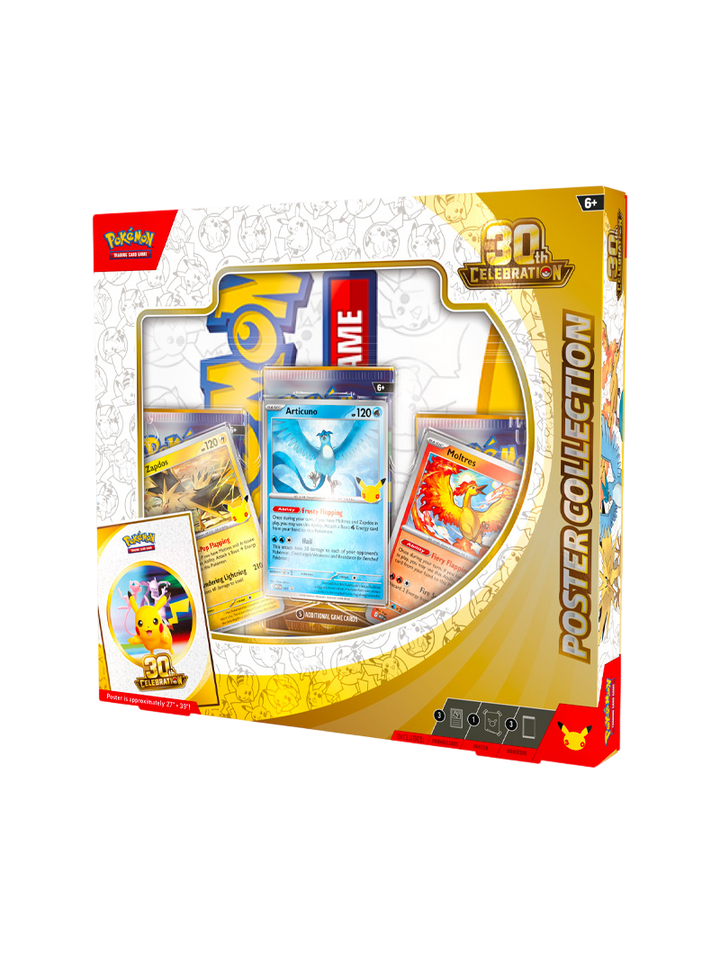 Pokémon TCG 30th Celebration Poster Collection Articuno Zapdos Moltres 3 promos foil póster doble cara 3 sobres español septiembre 2026