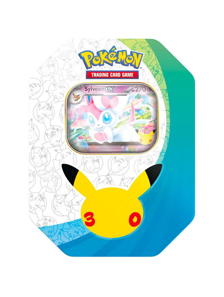 Pokémon TCG 30th Celebration ex Tin Sylveon ex lata coleccionable promo foil 4 sobres español diciembre 2026