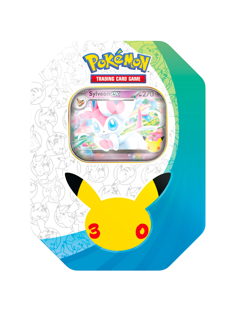 Pokémon TCG 30th Celebration ex Tin Sylveon ex lata coleccionable promo foil 4 sobres español diciembre 2026