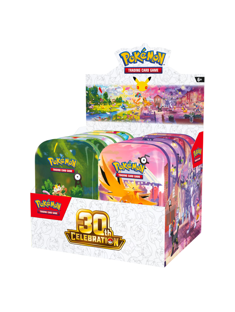 Pokémon TCG 30th Celebration Mini Tin 10 diseños Día y Noche 2 sobres foil carta de arte pegatinas español octubre 2026