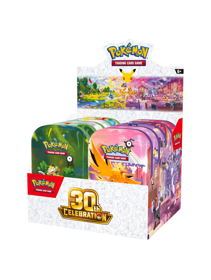 Pokémon TCG 30th Celebration Mini Tin 10 diseños Día y Noche 2 sobres foil carta de arte pegatinas español octubre 2026