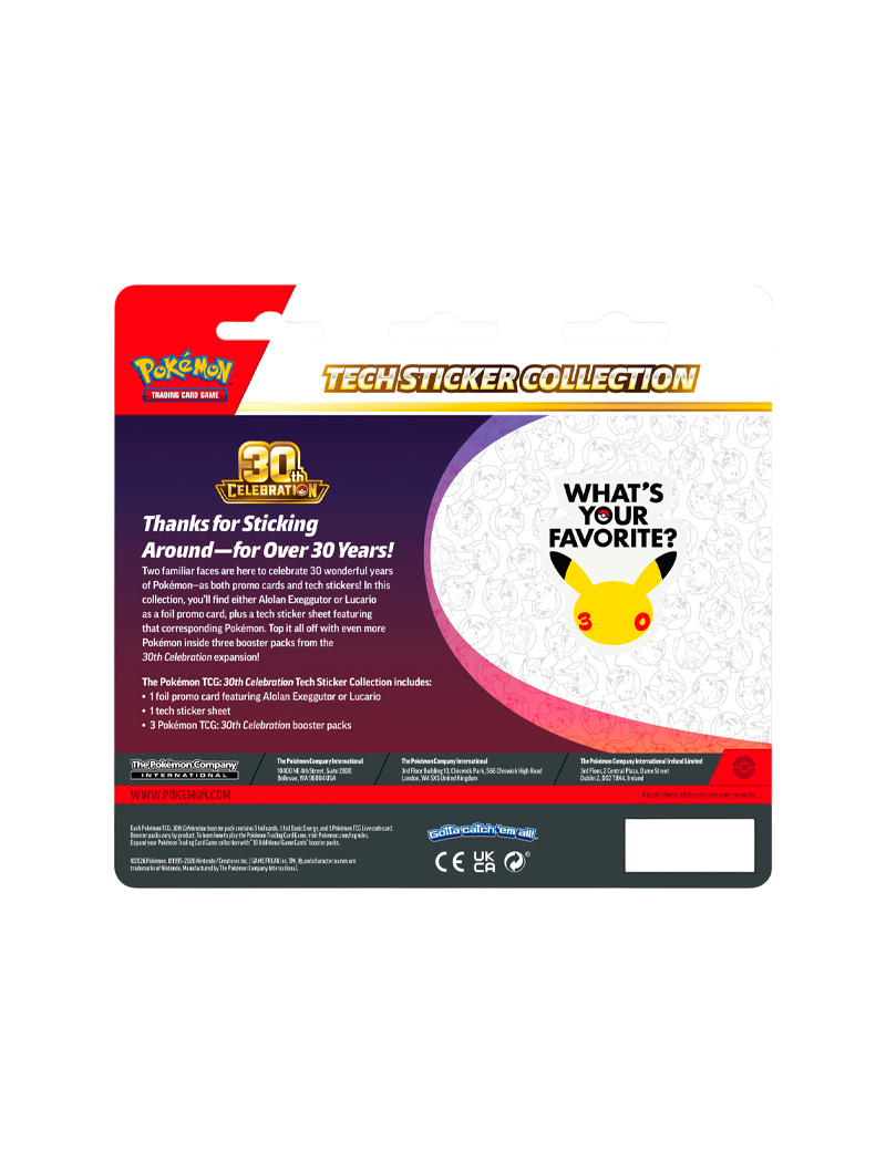 Pokémon TCG 30th Celebration Tech Sticker Collection Lucario carta promo foil pegatinas Pikachu Mewtwo 3 sobres español septiembre 2026
