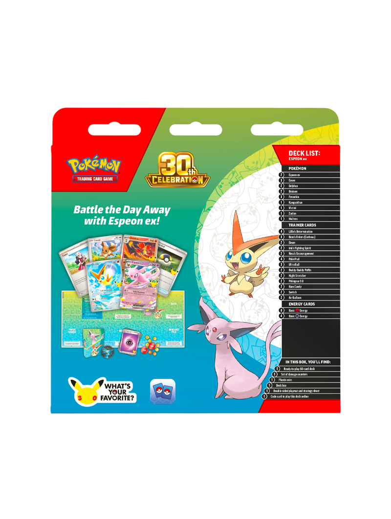 Pokémon TCG 30th Celebration Battle Deck Espeon ex 60 cartas foil promo Victini Illustration Rare tapete deck box español octubre 2026