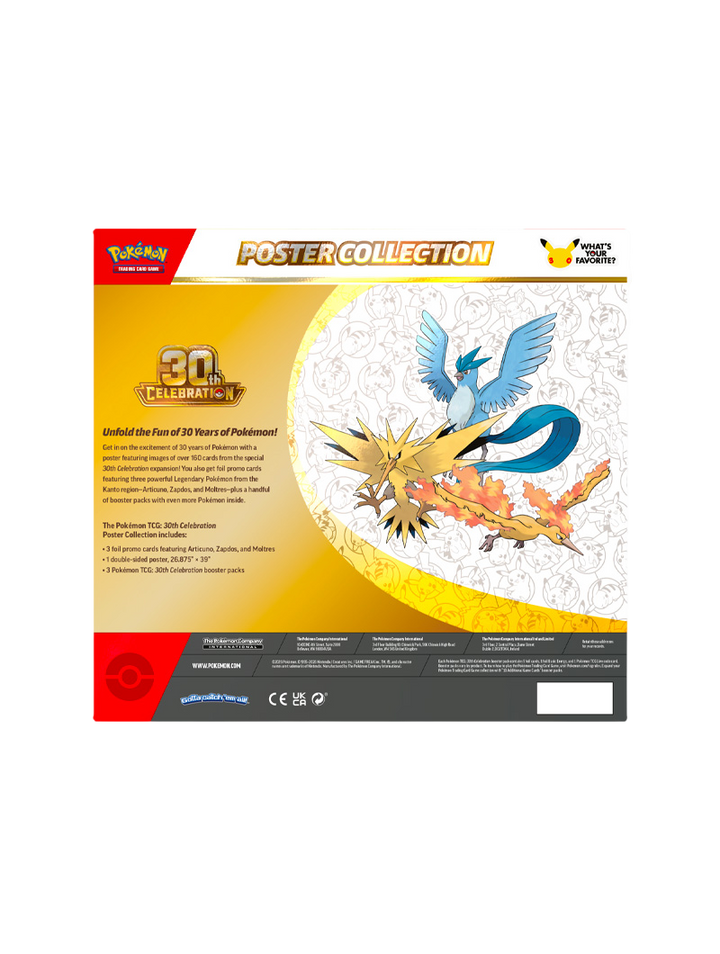 Pokémon TCG 30th Celebration Poster Collection Articuno Zapdos Moltres 3 promos foil póster doble cara 3 sobres español septiembre 2026