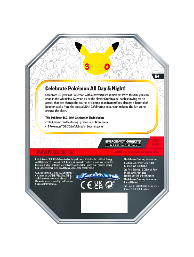 Pokémon TCG 30th Celebration ex Tin Sylveon ex lata coleccionable promo foil 4 sobres español diciembre 2026