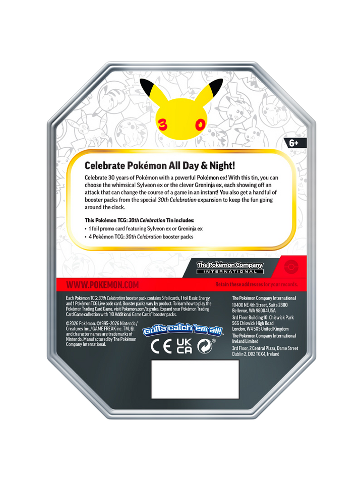 Pokémon TCG 30th Celebration ex Tin Sylveon ex lata coleccionable promo foil 4 sobres español diciembre 2026
