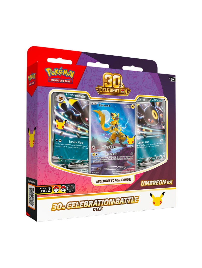 Pokémon TCG 30th Celebration Battle Deck Umbreon ex 60 cartas foil promo Zeraora Illustration Rare tapete deck box español octubre 2026