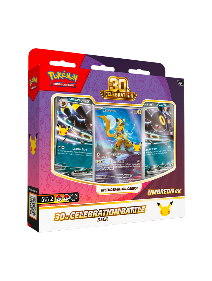 Pokémon TCG 30th Celebration Battle Deck Umbreon ex 60 cartas foil promo Zeraora Illustration Rare tapete deck box español octubre 2026