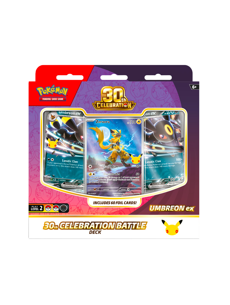 Pokémon TCG 30th Celebration Battle Deck Umbreon ex 60 cartas foil promo Zeraora Illustration Rare tapete deck box español octubre 2026