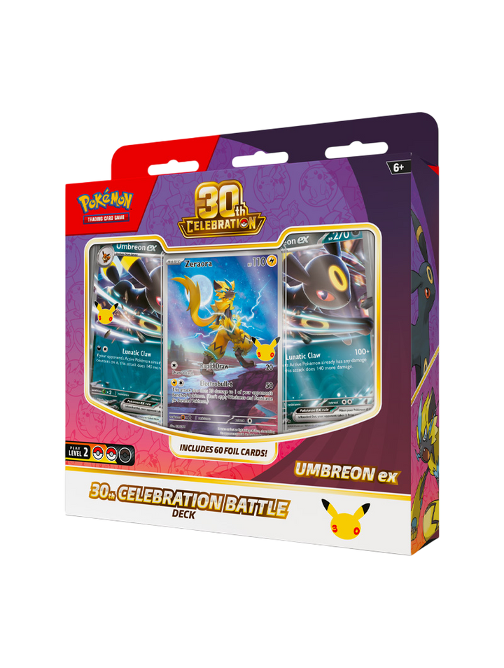 Pokémon TCG 30th Celebration Battle Deck Umbreon ex 60 cartas foil promo Zeraora Illustration Rare tapete deck box español octubre 2026
