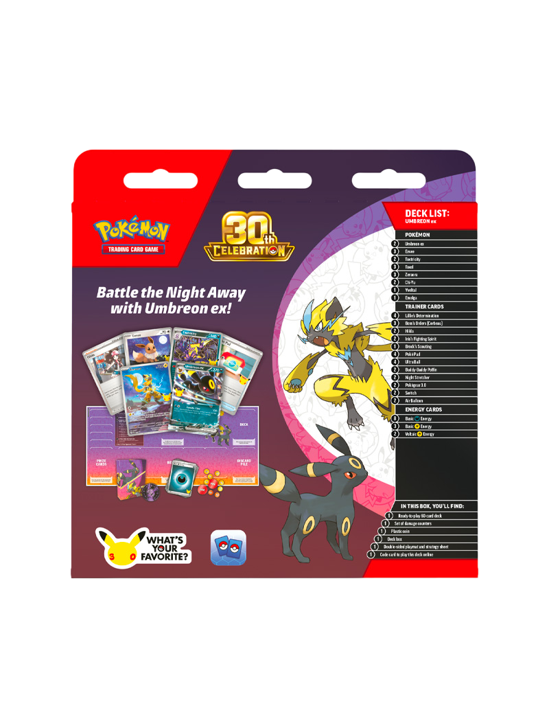 Pokémon TCG 30th Celebration Battle Deck Umbreon ex 60 cartas foil promo Zeraora Illustration Rare tapete deck box español octubre 2026