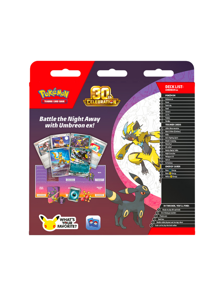 Pokémon TCG 30th Celebration Battle Deck Umbreon ex 60 cartas foil promo Zeraora Illustration Rare tapete deck box español octubre 2026