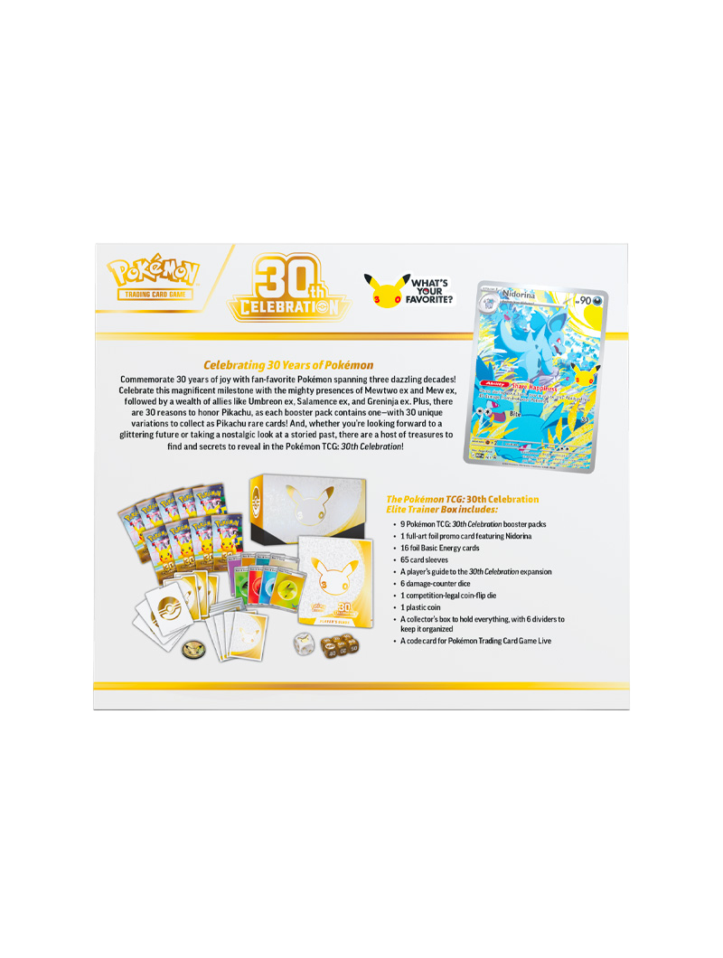 Pokémon TCG 30th Celebration Elite Trainer Box 9 sobres promo Nidorina Illustration Rare 16 energías foil accesorios inglés septiembre 2026