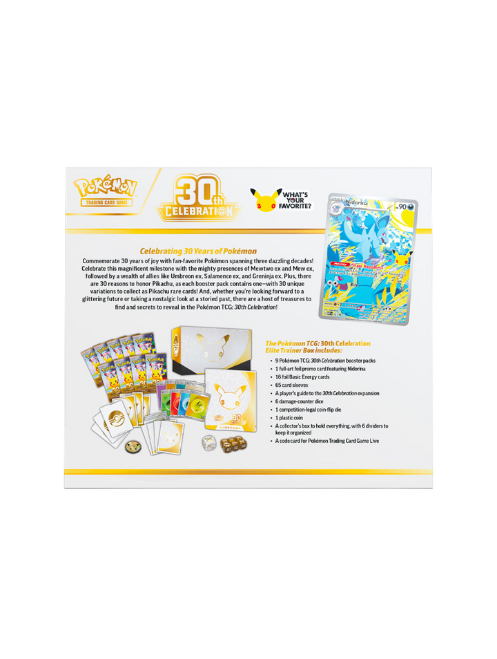 Pokémon TCG 30th Celebration Elite Trainer Box 9 sobres promo Nidorina Illustration Rare 16 energías foil accesorios inglés septiembre 2026