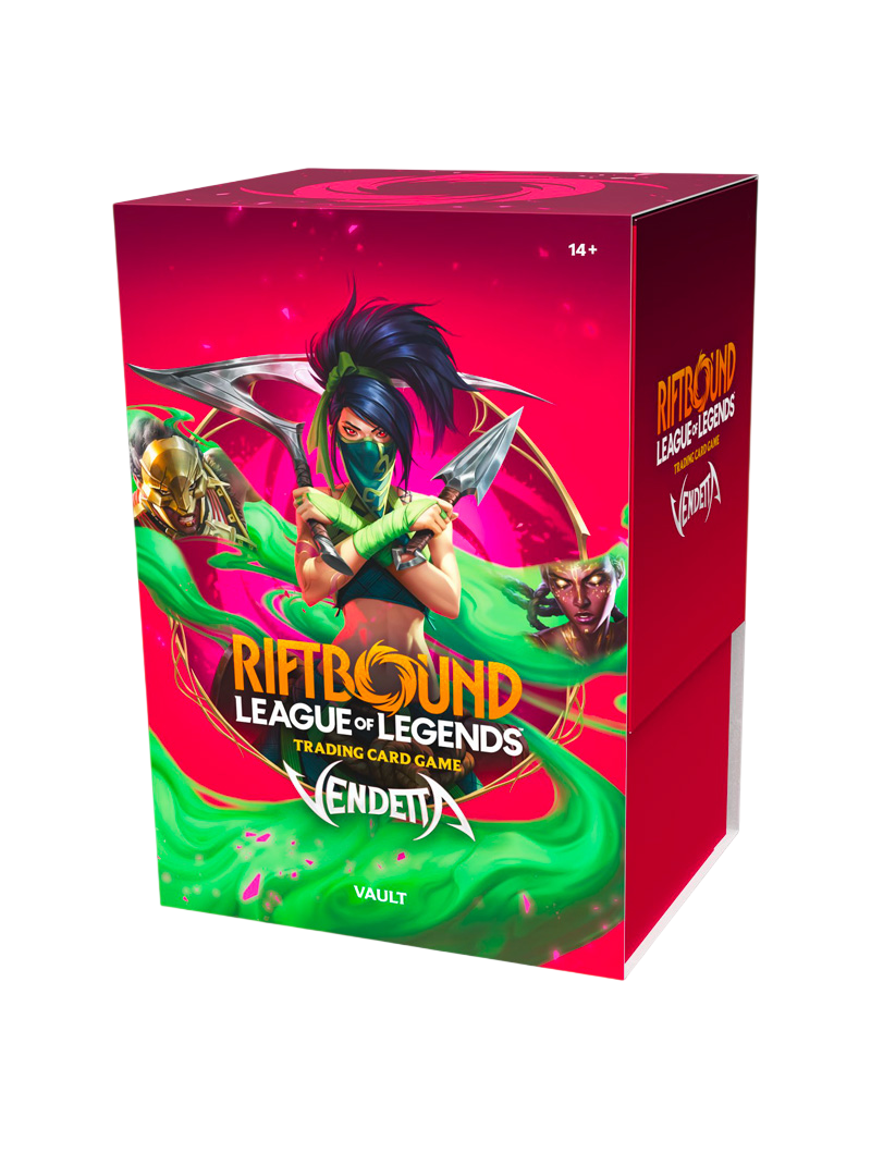 Riftbound TCG Vendetta Vault Set 4 League of Legends 6 sobres runas tokens full-art caja almacenamiento inglés julio 2026
