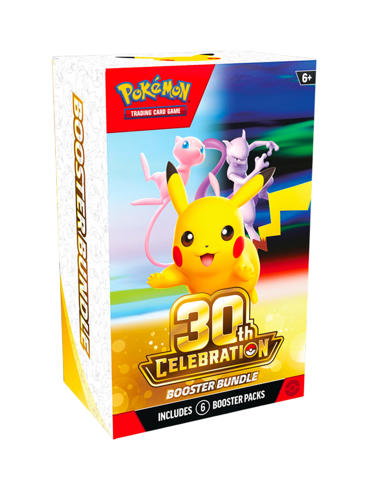 Pokémon TCG 30th Celebration Booster Bundle 6 sobres foil Pikachu 30 diseños Mewtwo ex Mew ex inglés octubre 2026