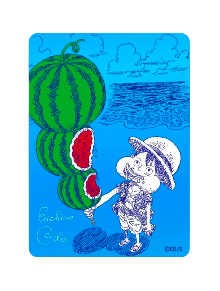 One Piece Monkey D. Luffy Metakira Card promo NatsuComi 2026 sandía verano firma Eiichiro Oda acabado metálico japonés
