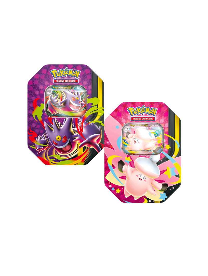 Pokémon TCG Mega Moonlit Tin lata coleccionable Mega Gengar ex Mega Clefable ex inglés
